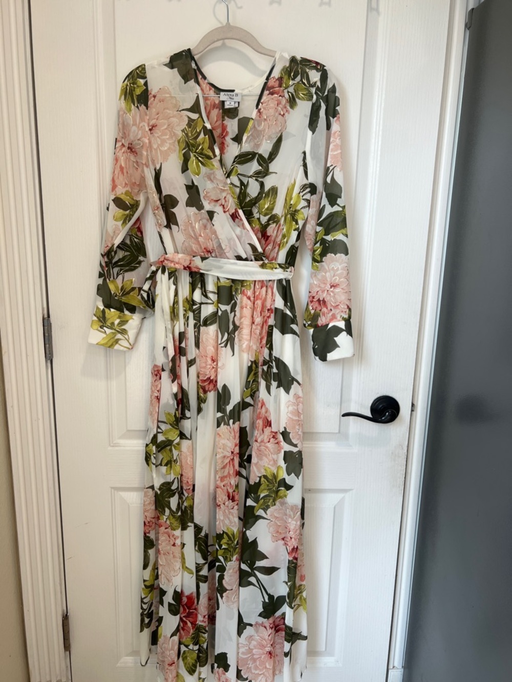 Alfani White Floral Wrap Maxi Dress with Pink & Green Blooms